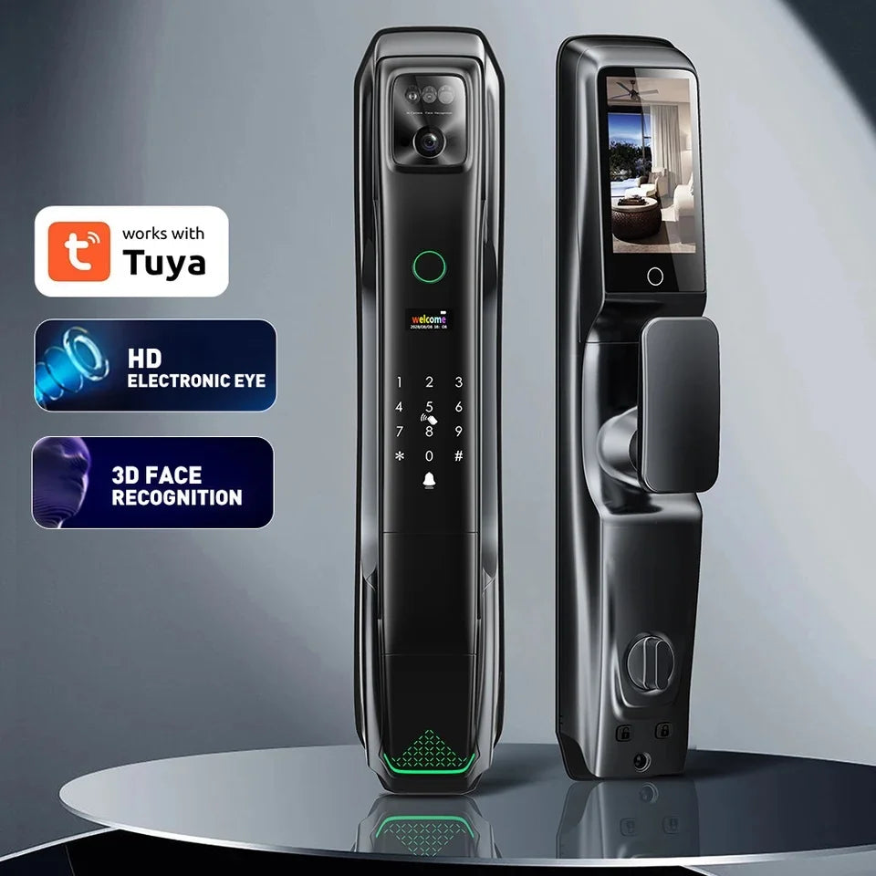 Serrure de porte automatique en bois noir 6085 avec caméra de reconnaissance faciale 3D, interphone vidéo 9 langues et connexion Wi-Fi Tuya 6068.