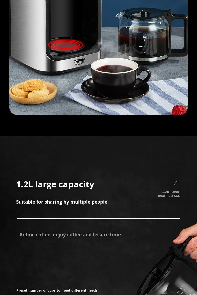 Machine à café automatique en acier inoxydable avec broyeur intégré, style américain, compact, idéal pour la cuisine, le bureau ou l'hôtel.