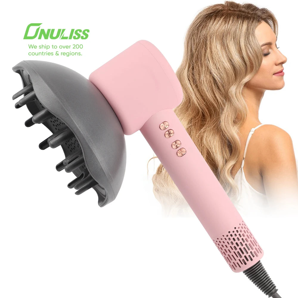 Sèche-cheveux sans balais double tension haute vitesse avec support, brosse lissante multifonction pour une utilisation en extérieur, sèche-cheveux OEM basse consommation.