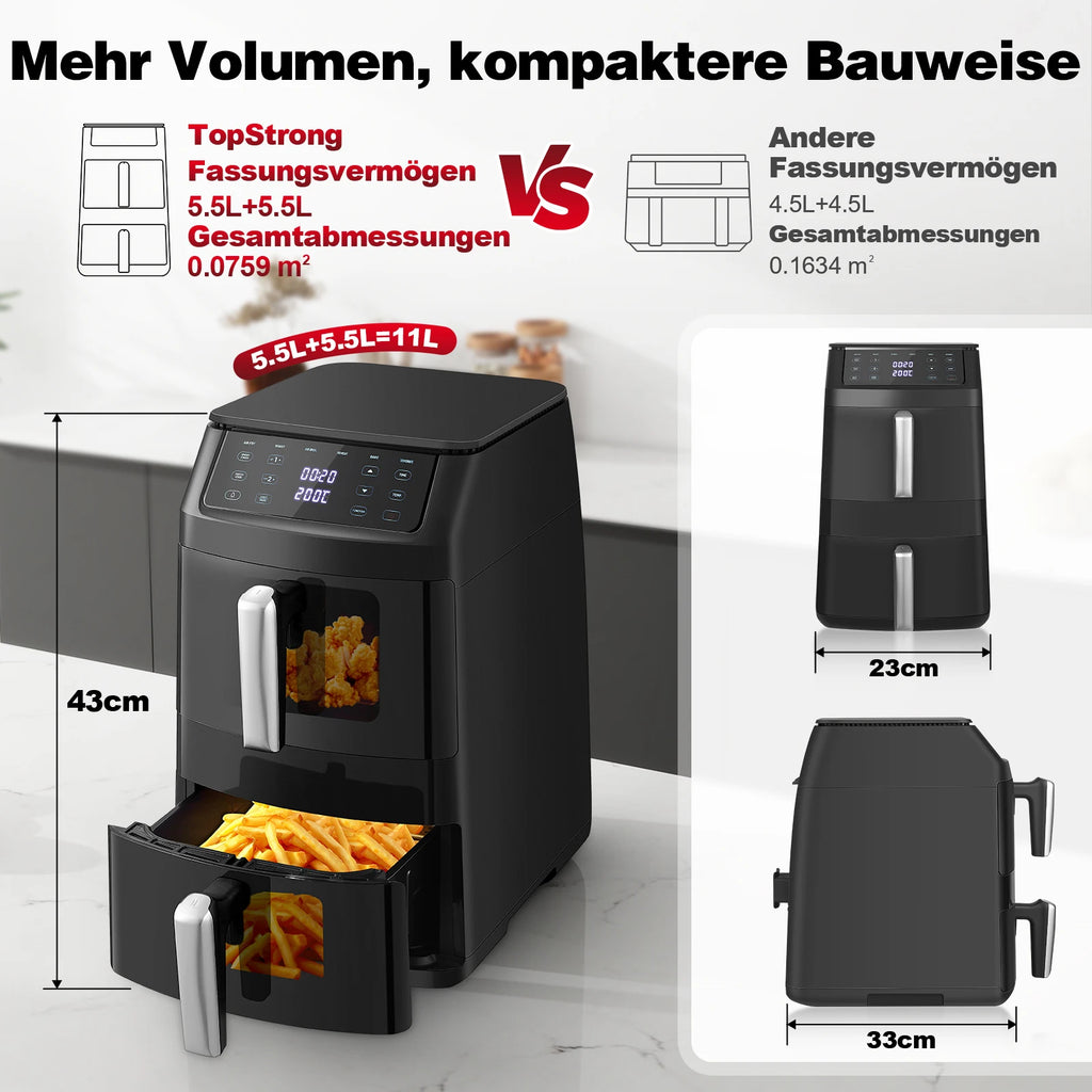 Friteuse à air chaud à double chambre, 2500 W, verticale, avec 2 chambres et fenêtre de visualisation, design compacte.