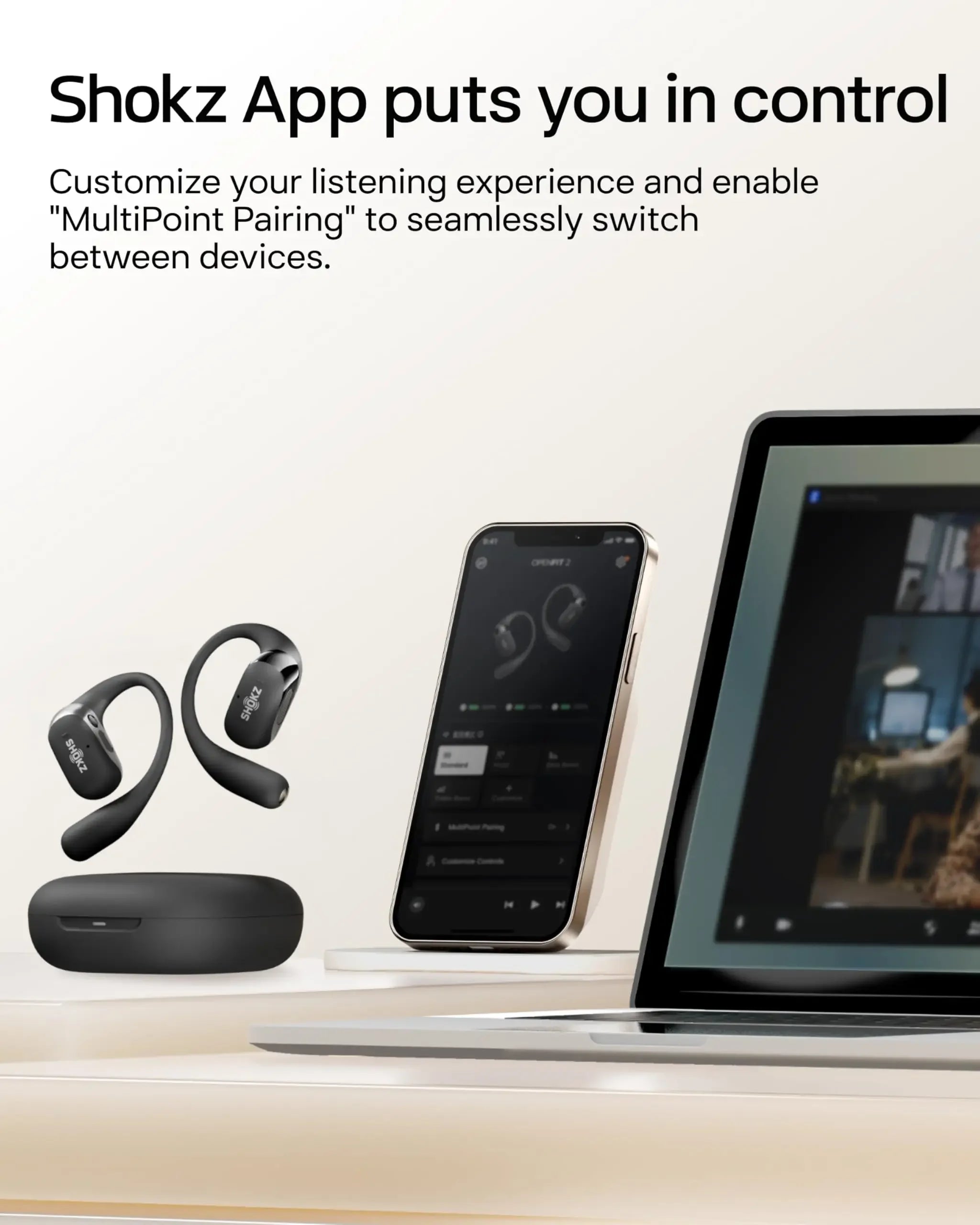 Écouteurs Open-Ear SHOKZ OpenFit 2 – Bluetooth, LED, Micro & Crochet Confortable
