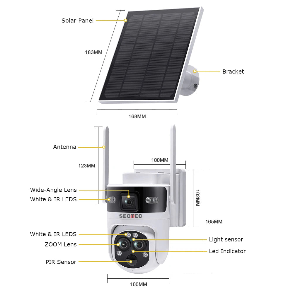 Caméra de Surveillance SECTEC 6 MP | 4G, Zoom 15x, Carte SIM, Vision Nocturne et Énergie Solaire