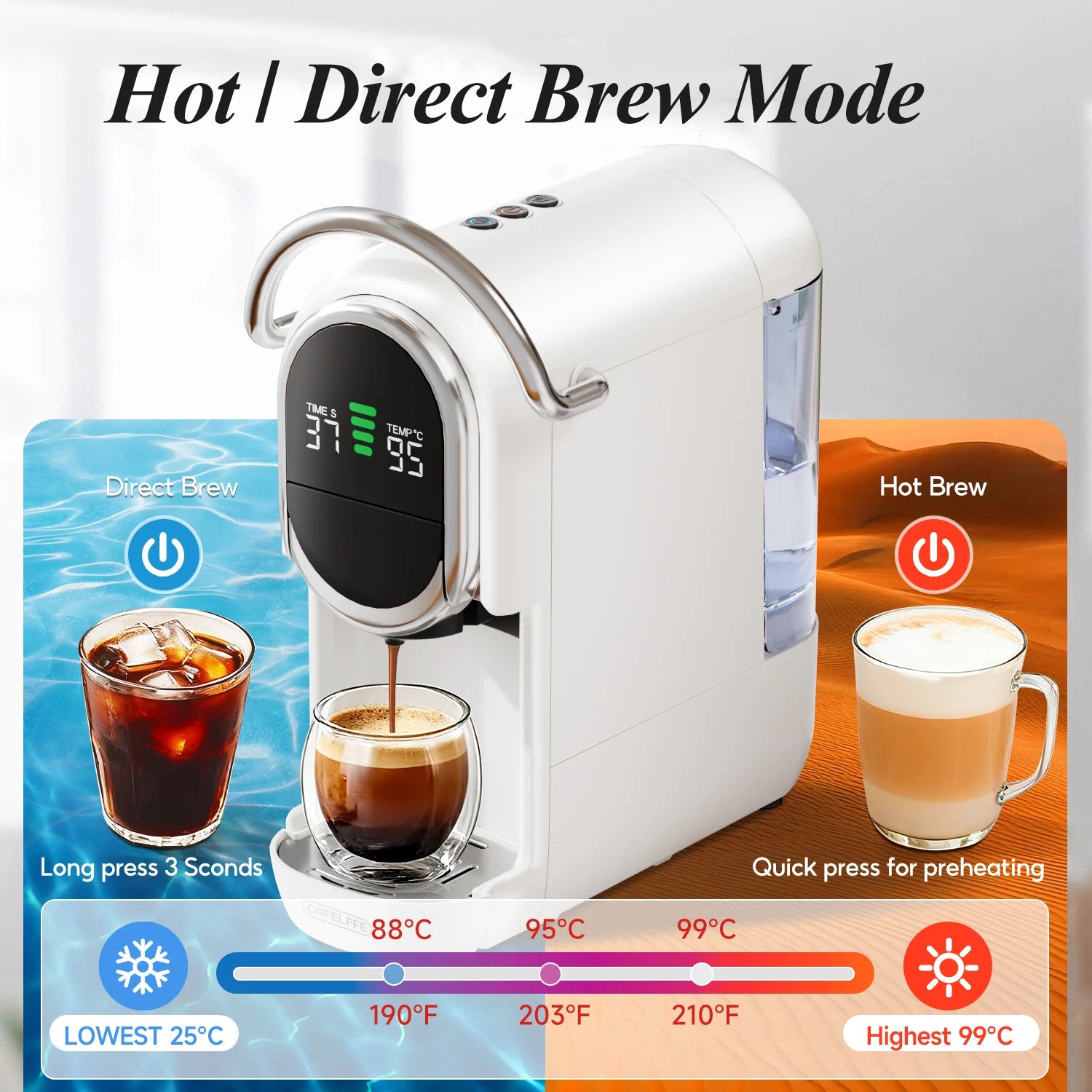 Machine à café Cafelffe MK-609S 6 en 1 : pression 20 bars, 7 niveaux d'eau réglables, réservoir 600 ml, eau chaude/froide, expresso, format compact.