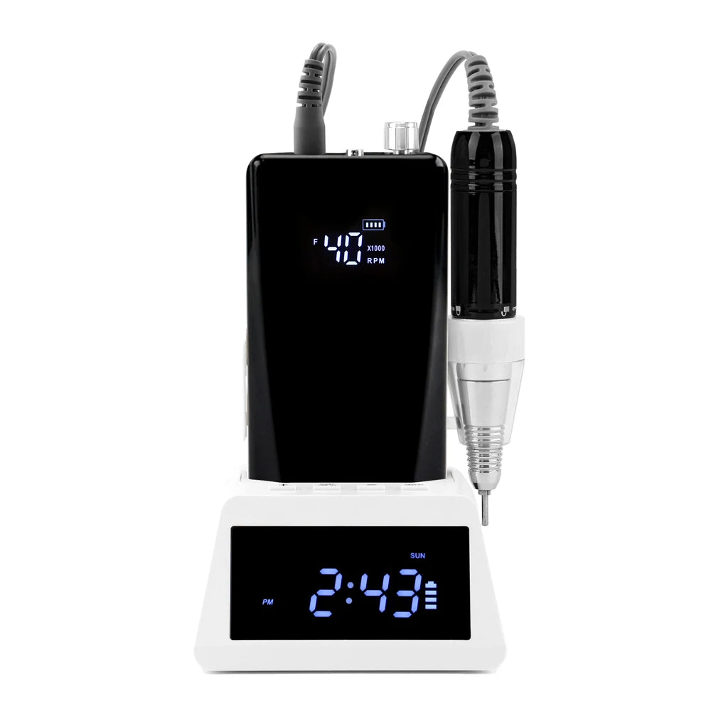 Kit de ponceuse à ongles électrique 45 W à balais de carbone, faible vibration, 40 000 tr/min, avec batterie externe et station de base horloge.