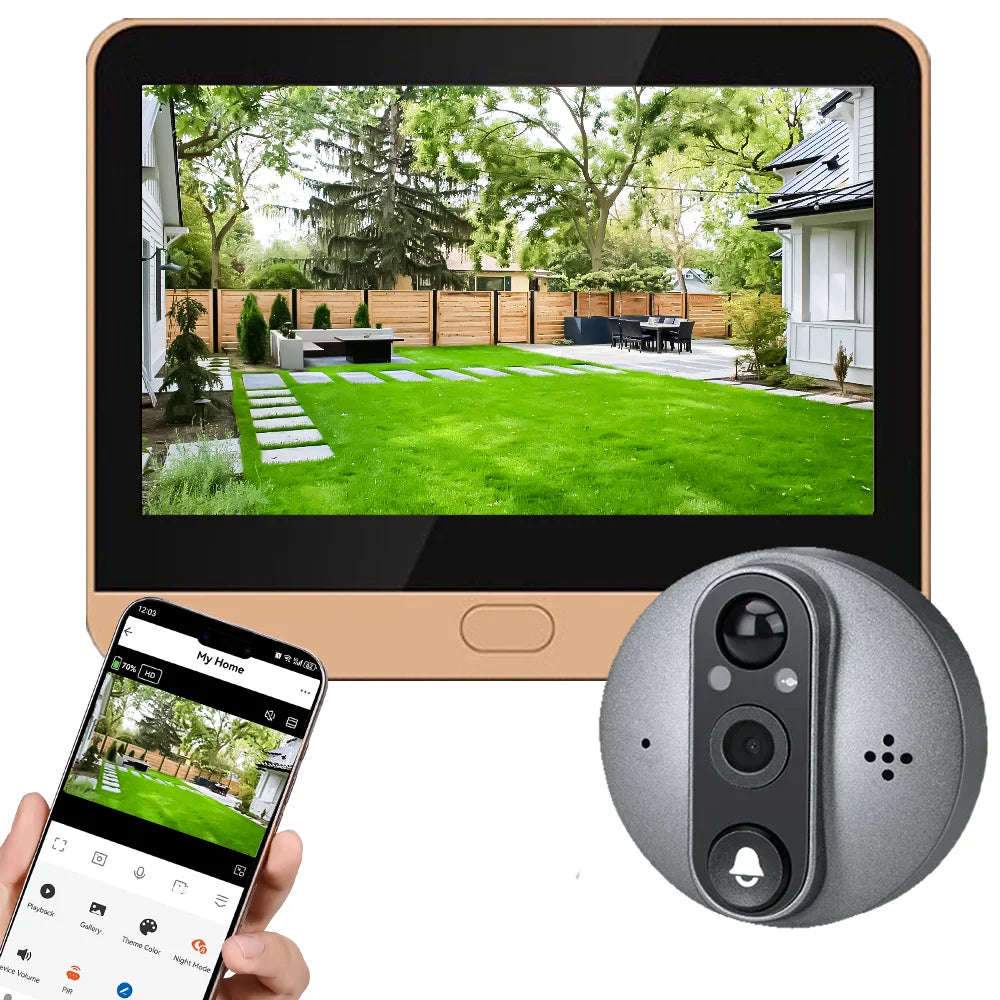 Sonnette vidéo de sécurité Tuya WiFi avec écran OLED 4,3 pouces 1080p, judas, audio bidirectionnel et détection de mouvement instantané (Android)