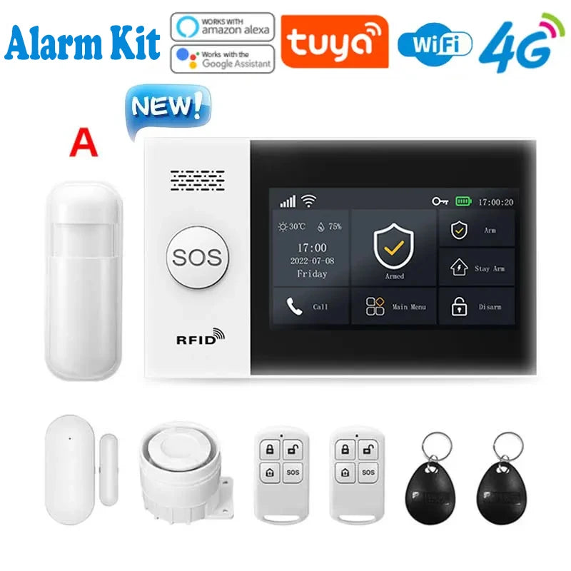 Système d'alarme de sécurité pour maison connectée Tuya, compatible GSM avec écran tactile, 4G, Wi-Fi et 433 MHz, matériau ABS, contrôlable via Alexa et l'application Smart Life.