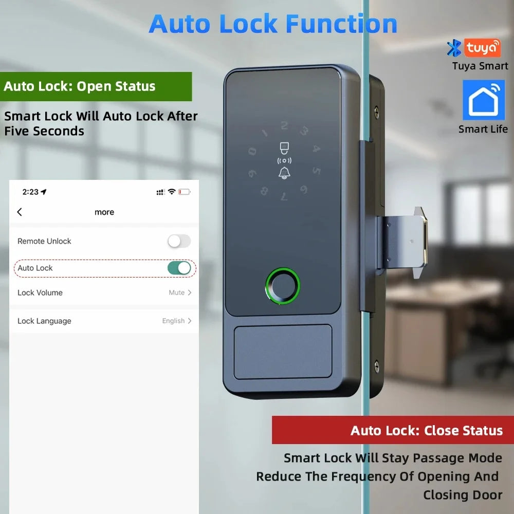 Serrure connectée Tuya Wifi pour porte en verre, déverrouillage par empreinte numérique, application, carte à puce ou mot de passe.