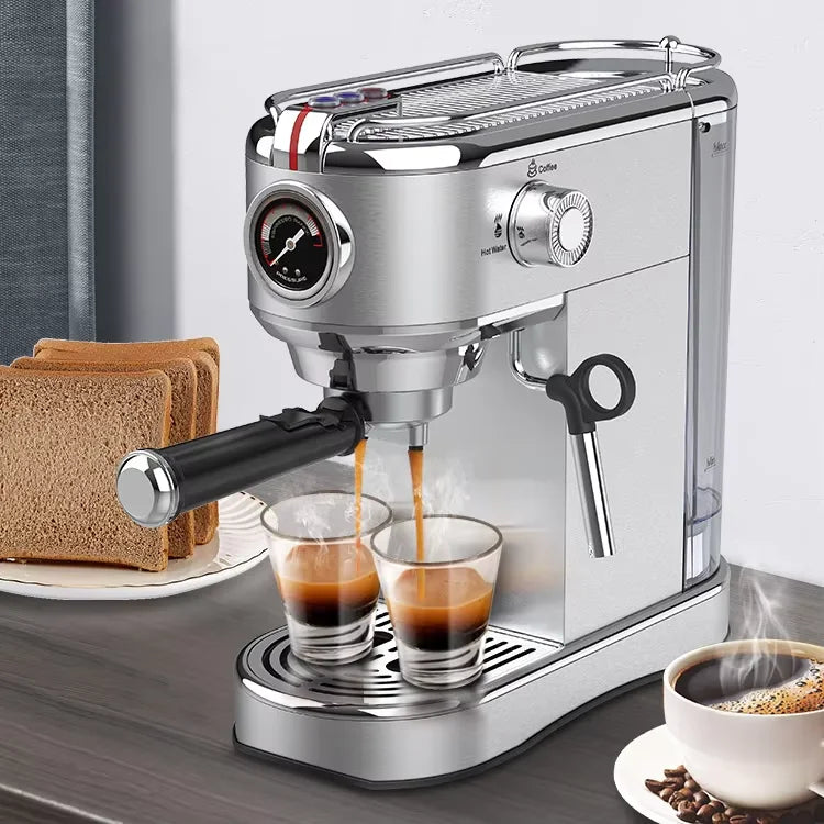 Machine à café expresso professionnelle avec mousseur à lait et vapeur, compacte, électrique, en acier inoxydable argenté