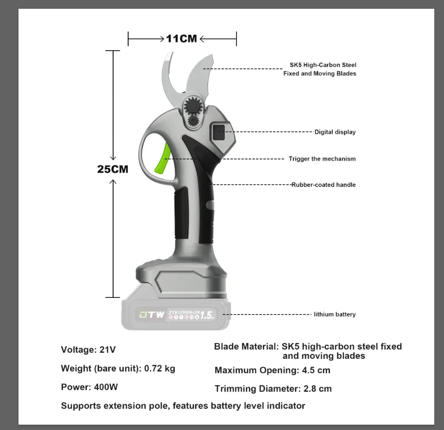 Sécateur sans fil DTWA1-0030, lames en acier SK5, écran LCD, 400 W, diamètre de coupe 28 mm, idéal pour le bricolage, le plastique et le caoutchouc.