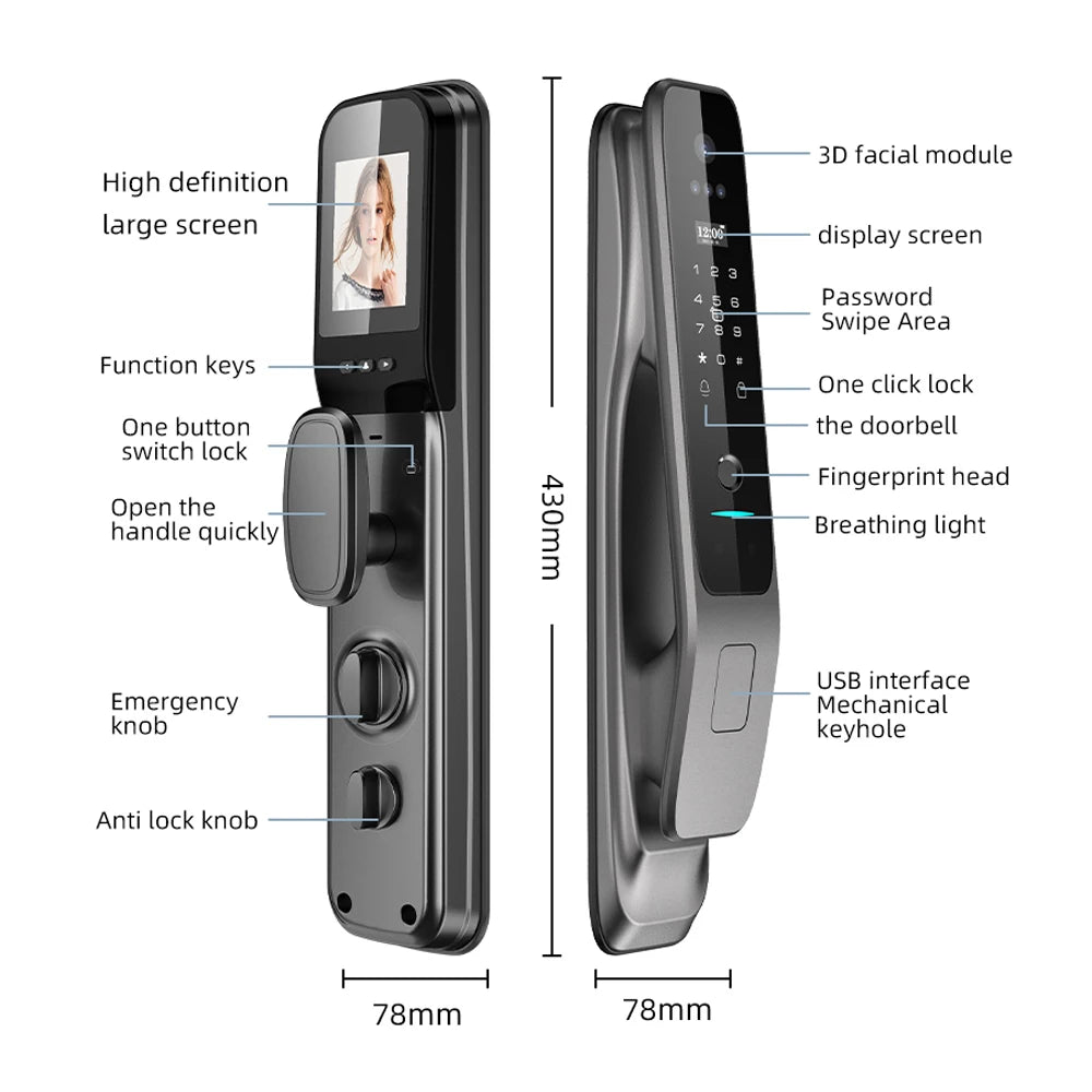 Serrure connectée avec reconnaissance faciale 3D, lecteur d'empreintes digitales, sonnette vidéo, application Tuya, déverrouillage Wi-Fi, carte NFC, clé RFID et serrure à code.