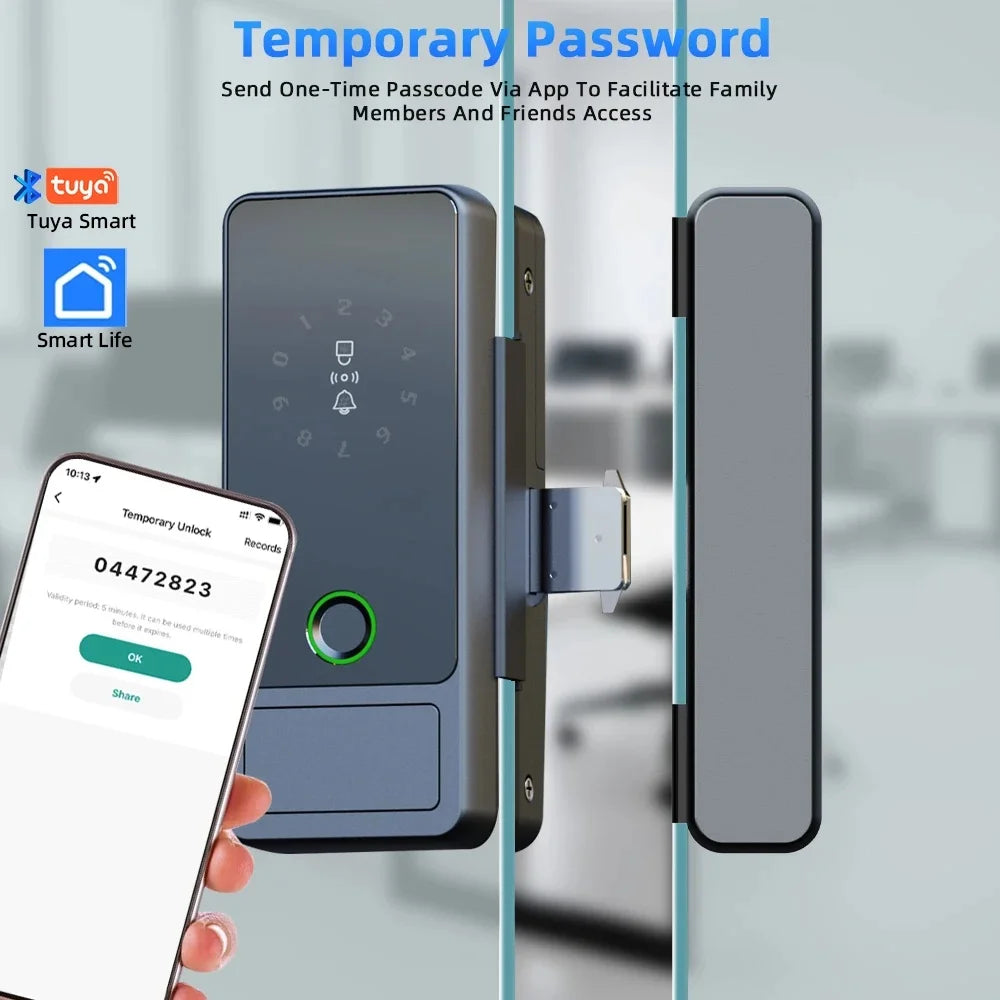 Serrure connectée Tuya Wifi pour porte en verre, déverrouillage par empreinte numérique, application, carte à puce ou mot de passe.