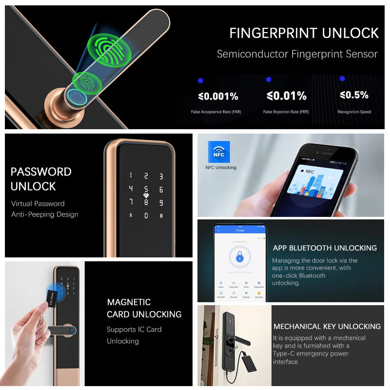 Serrure de sécurité israélienne pour porte en bois, étanche, avec empreinte numérique numérique, compatible avec TTLock Cloud. Sécurité domestique sans clé.
