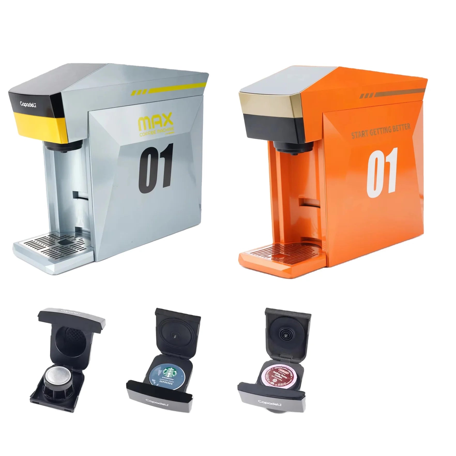 Machine à café électrique automatique multifonctionnelle 4 en 1 au design élégant, compatible avec les capsules Nespresso et Dolce Gusto.