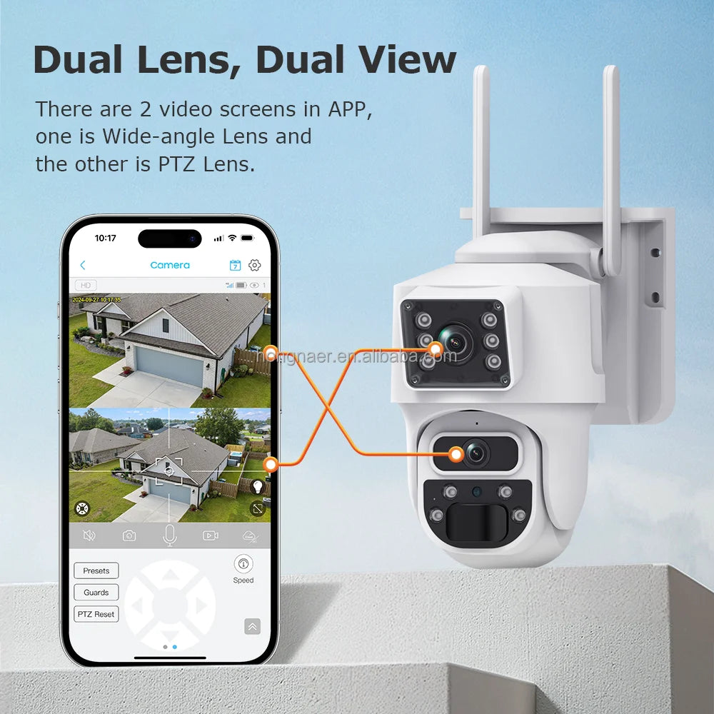 Caméra de Surveillance Hongnaer 6 MP | PTZ 360°, Double Objectif, Wi-Fi Solaire et Application UBox
