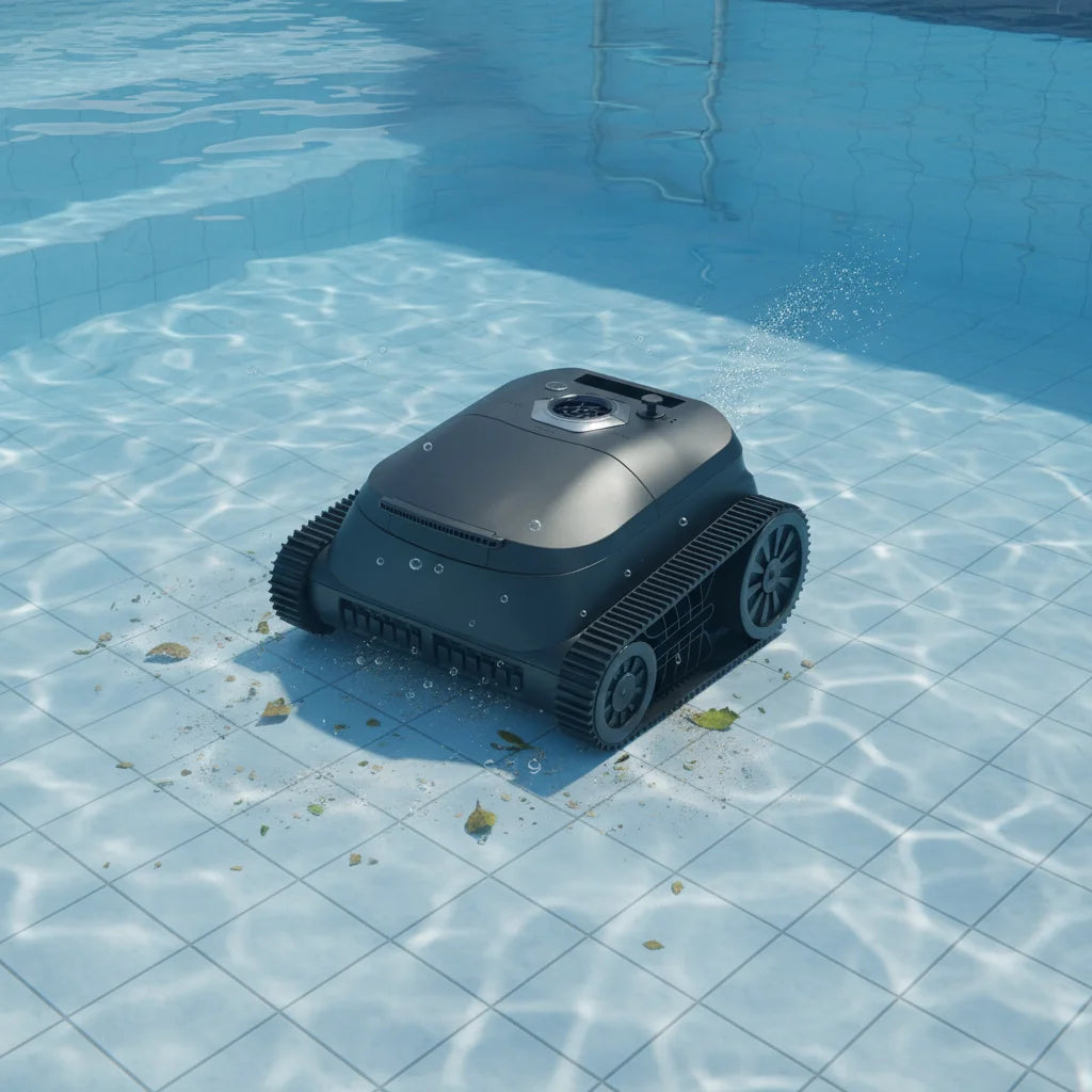 Robot nettoyeur de piscine sans fil intelligent avec aspirateur sous-marin automatique, étanche IPX8 et télécommande.