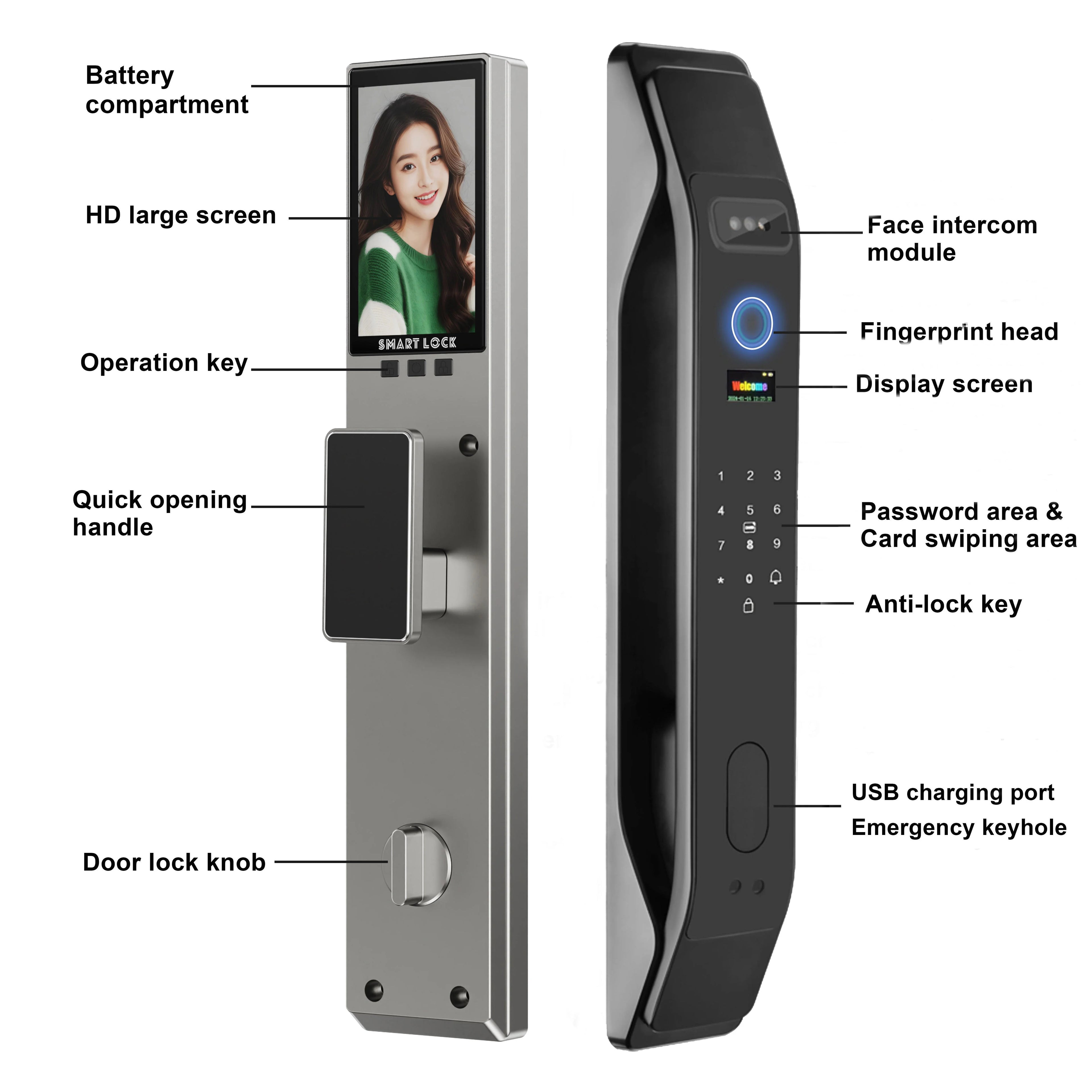 Serrure de porte intelligente Tuya : déverrouillage par empreinte numérique, mot de passe, télécommande, mot de passe numérique virtuel, contrôle par application 3D faciale. Utilisation à domicile et à l'hôtel.