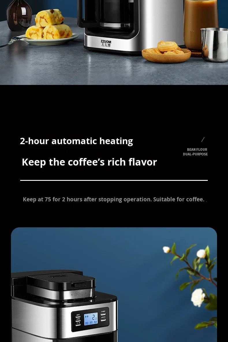 Machine à café automatique en acier inoxydable avec broyeur intégré, style américain, compact, idéal pour la cuisine, le bureau ou l'hôtel.