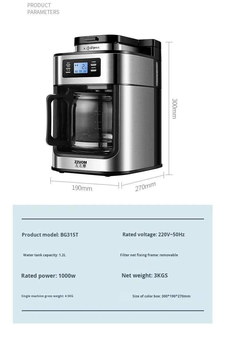 Machine à café automatique en acier inoxydable avec broyeur intégré, style américain, compact, idéal pour la cuisine, le bureau ou l'hôtel.
