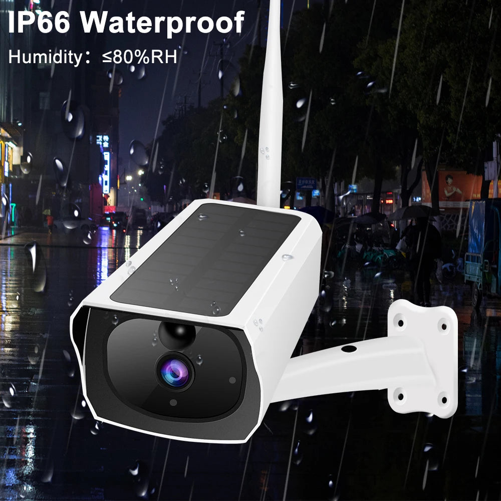 Caméra de surveillance extérieure Tuya IP solaire 1080p HD Wi-Fi 1,5 W, format bullet, alimentée par batterie, longue autonomie en veille.