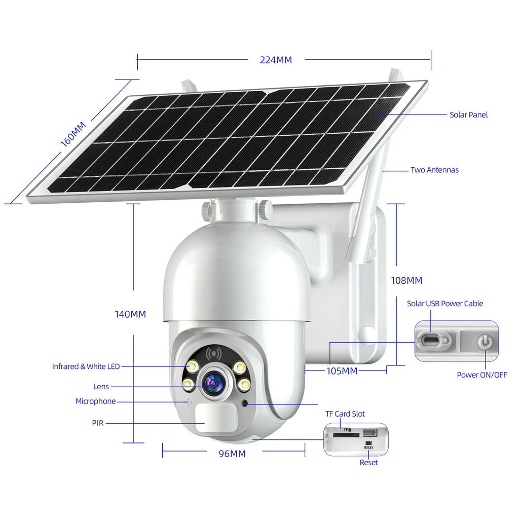 Système de caméra de sécurité sans fil extérieur intelligent avec panneau solaire et batterie, vision nocturne 4G et alimentation solaire.