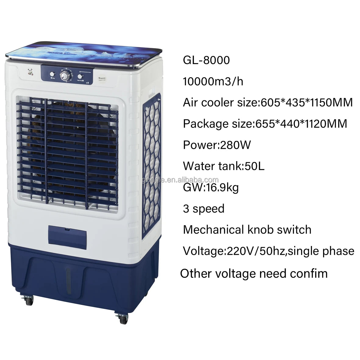 Climatiseur portable d'intérieur avec réservoir d'eau de 50 L, mobile et autoportant, idéal pour la maison, le bureau ou les petites pièces.