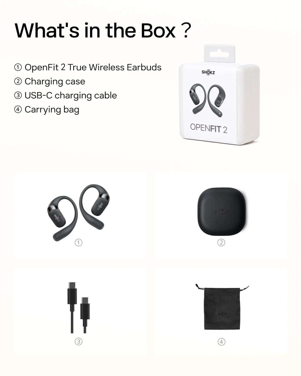 Écouteurs Open-Ear SHOKZ OpenFit 2 – Bluetooth, LED, Micro & Crochet Confortable
