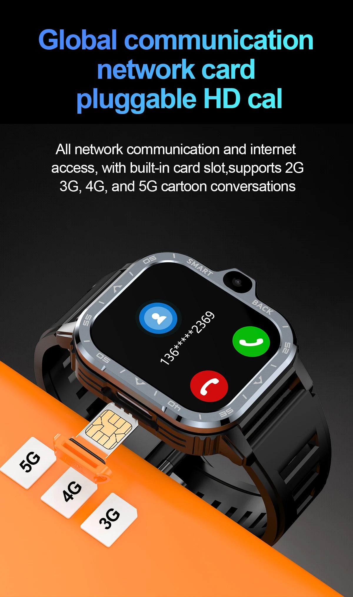 Montre connectée VALDUS 4G Android avec carte SIM, 4 Go de RAM et 64 Go de ROM.