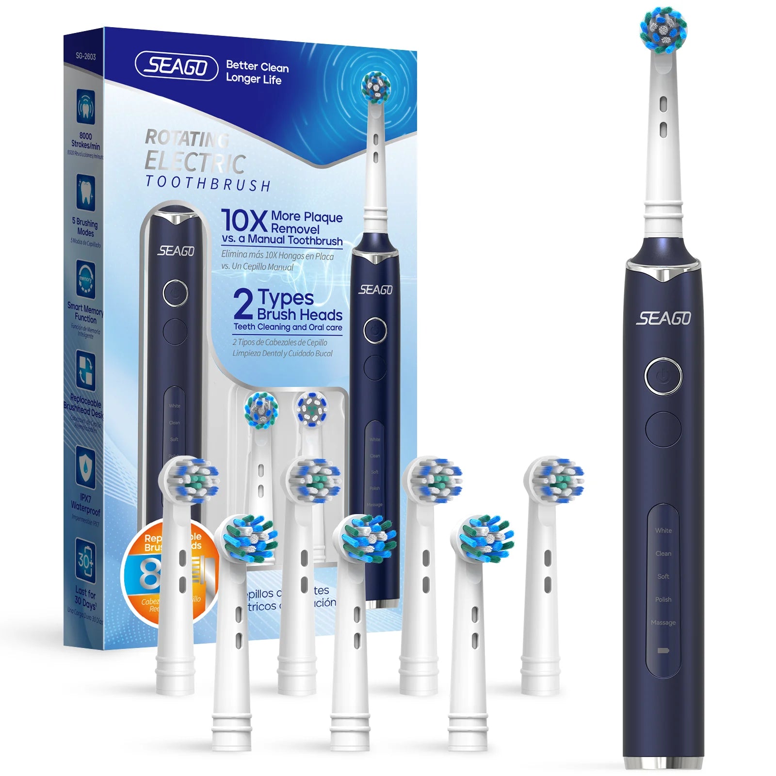 Brosse à dents sonique SEAGO SG2603, IPX7, Type-C, 5 modes, autonomie 30 jours, blanchiment