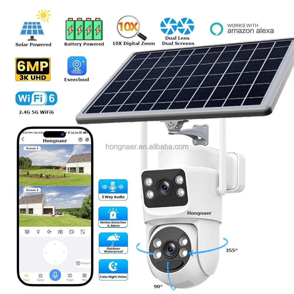 Caméra de Surveillance Hongnaer 6 MP | PTZ, Double Objectif, Wi-Fi Double Bande et Alimentation Solaire