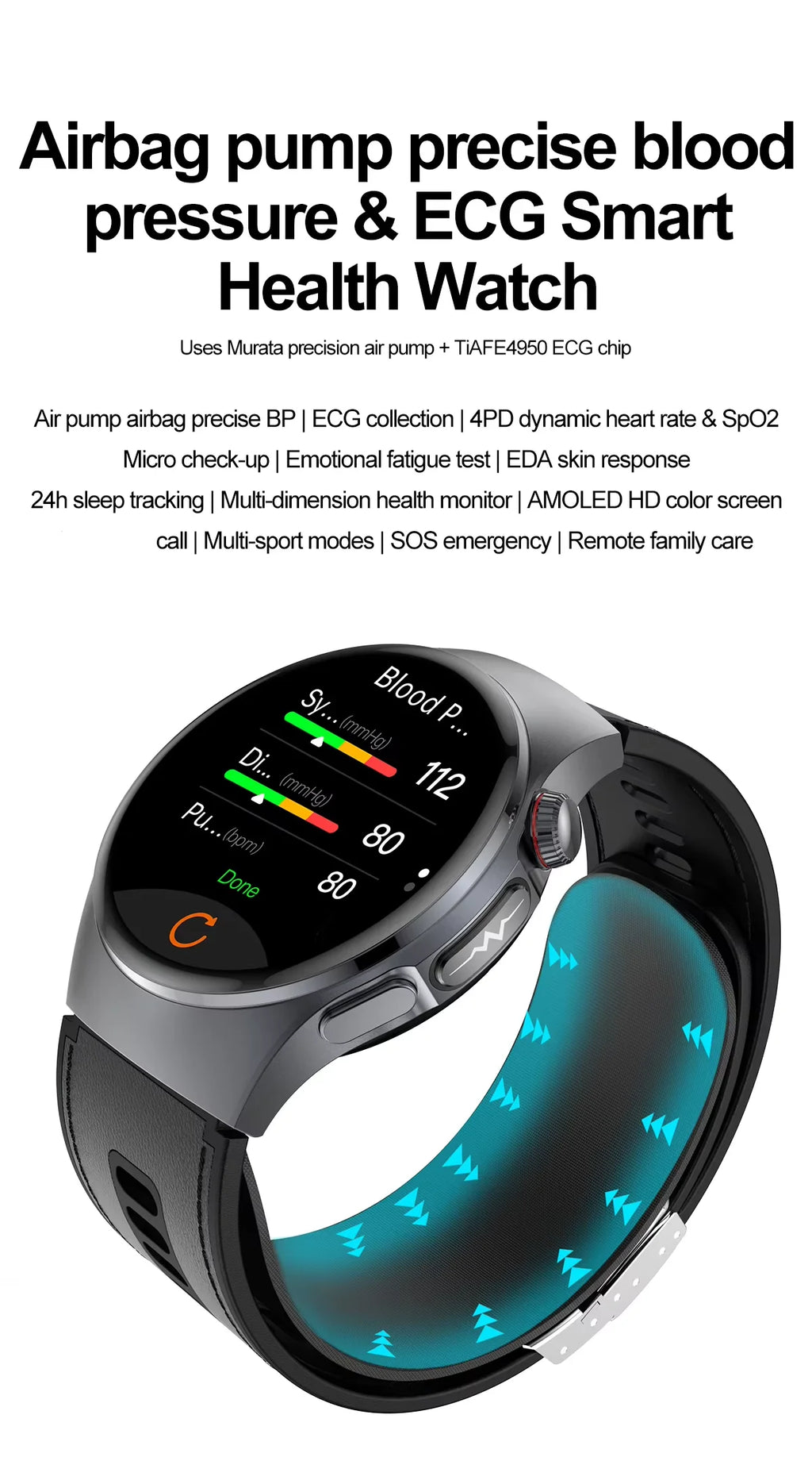 Montre Santé S201 – ECG, Tensiomètre Pompe à Air, NFC, SOS & Écran 1.56"