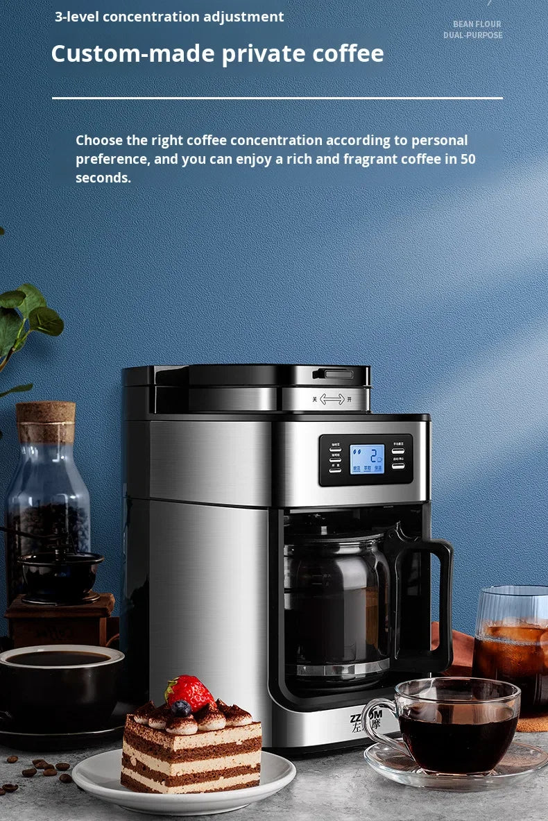 Machine à café automatique en acier inoxydable avec broyeur intégré, style américain, compact, idéal pour la cuisine, le bureau ou l'hôtel.