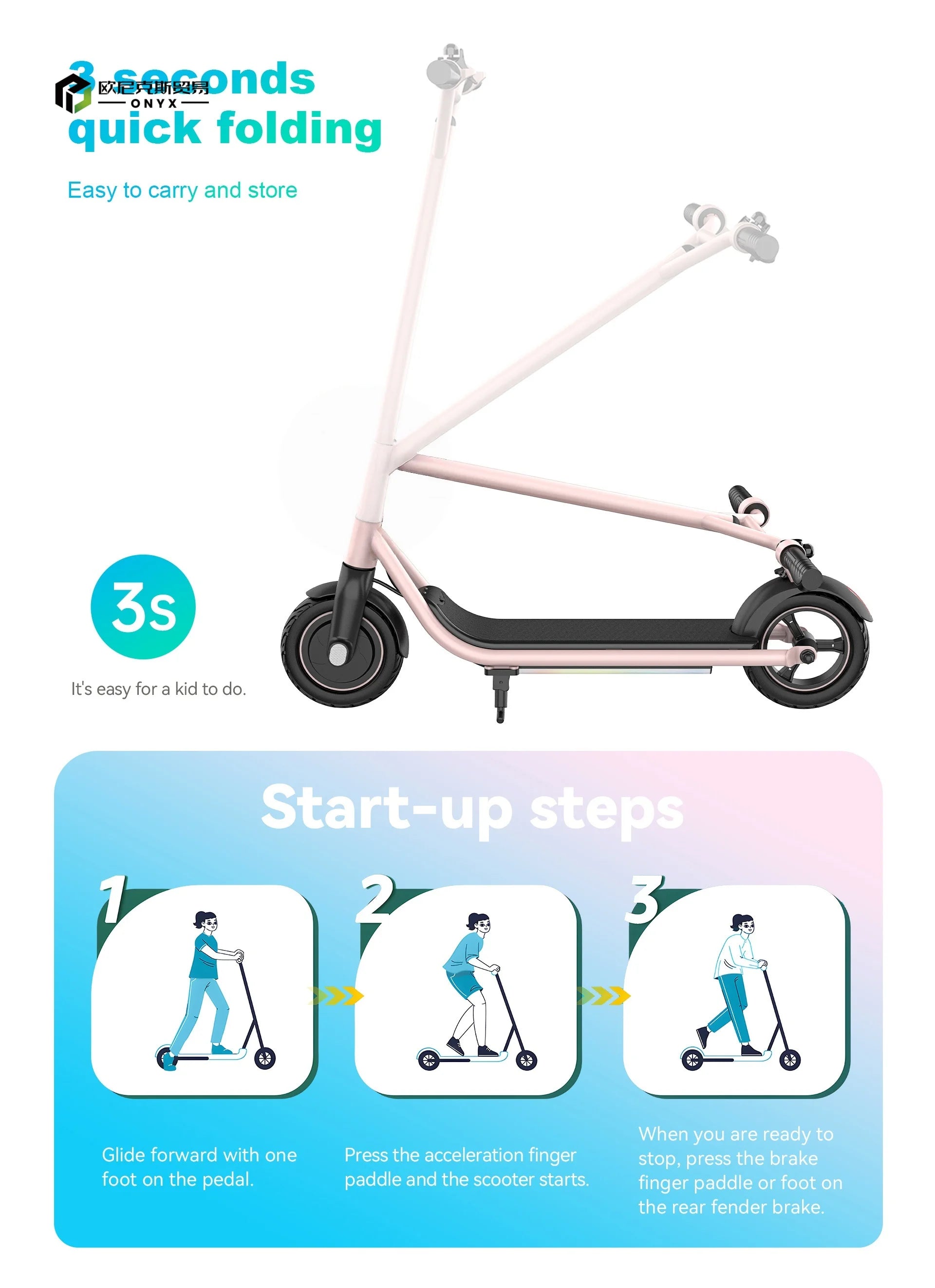 Trottinette électrique ONYX Safe pour enfants (hauteur sous guidon : 103 cm, vitesse maximale : 15 km/h), musique intégrée et lumières LED. Idée cadeau pour enfants.