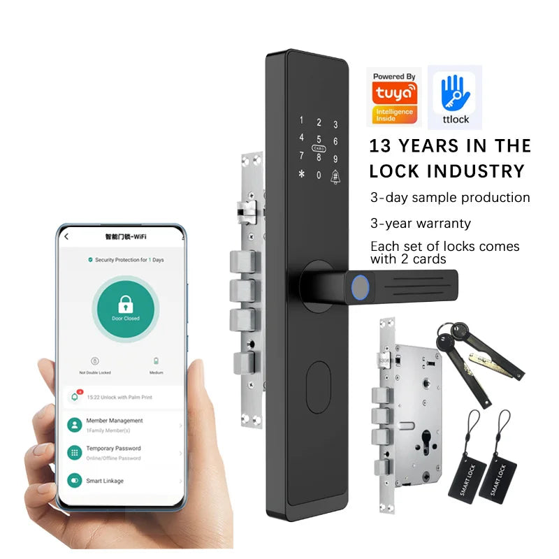Serrure connectée Dapiyang A77, WiFi, Tuya/TTlock, empreinte/carte/code/app, sonnette intégrée