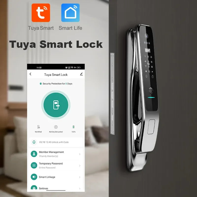 Serrure connectée avec reconnaissance faciale 3D, lecteur d'empreintes digitales, sonnette vidéo, application Tuya, déverrouillage Wi-Fi, carte NFC, clé RFID et serrure à code.
