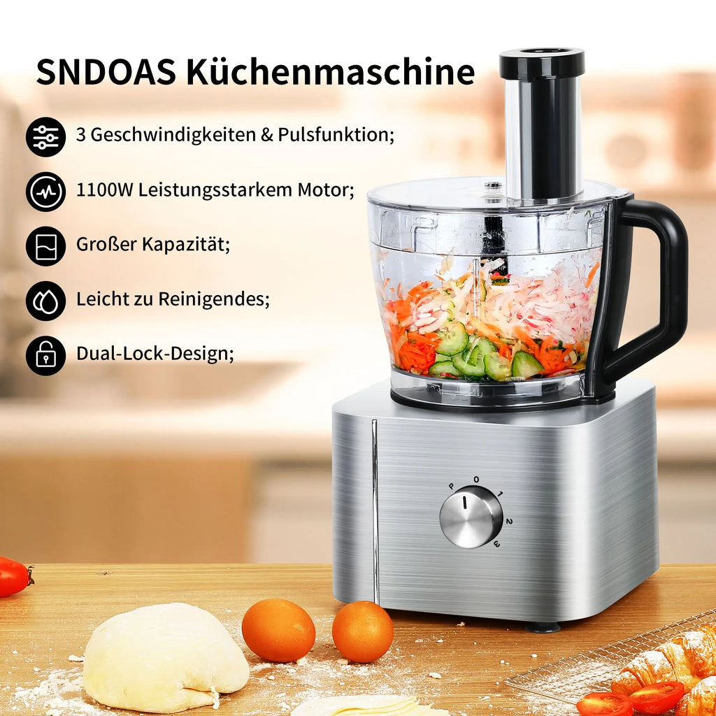 Robot culinaire 11 en 1 avec fonctions de hachage, mélange, pétrissage, broyage, fouettage et extraction de jus, 1100 W