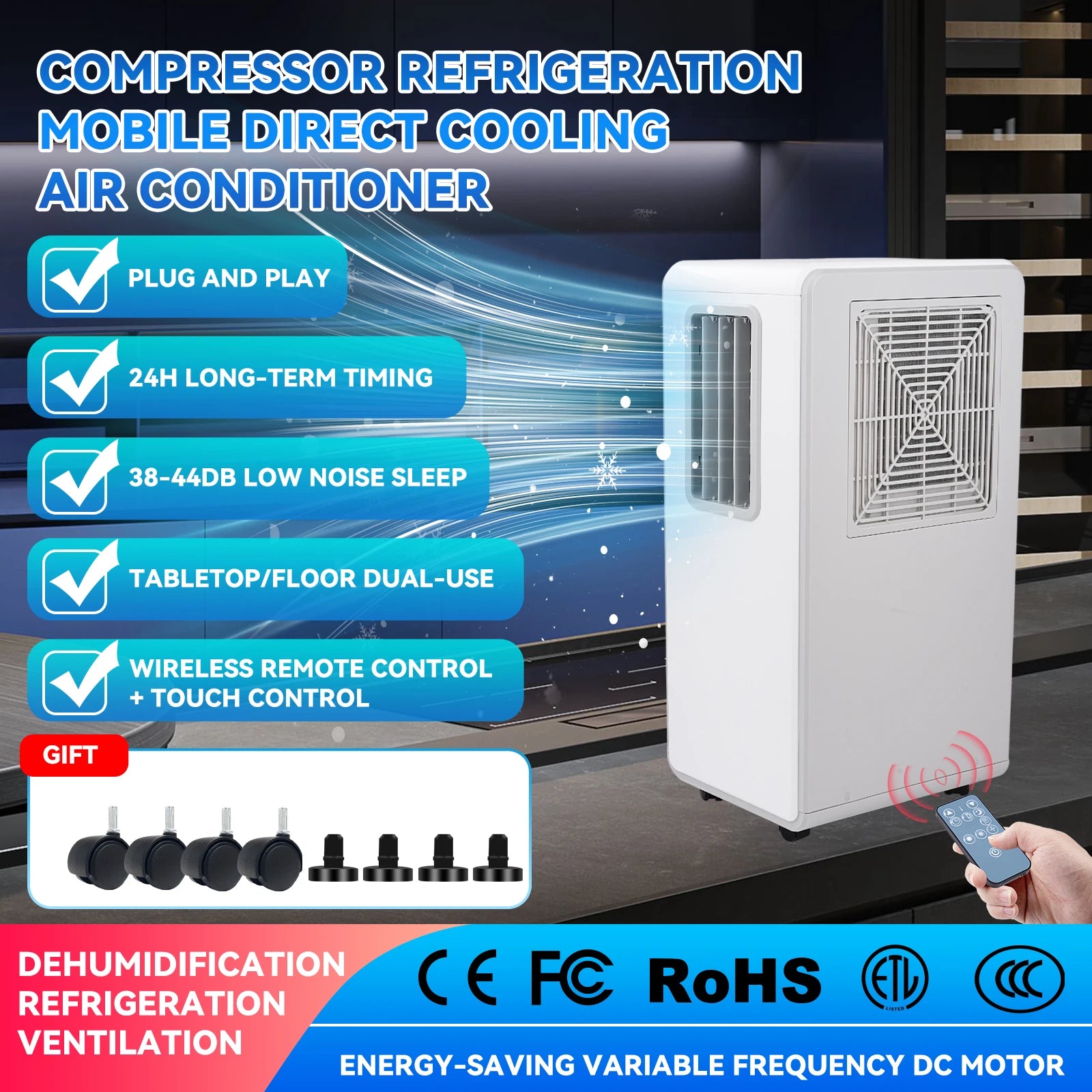 Climatiseur mobile Creatorally PCX5R-18MA, 1800 BTU, déshumidification 15 L/j, 220 V, 38-44 dB