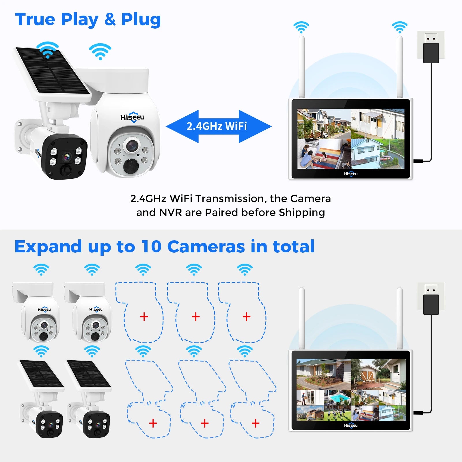 Kit solaire WiFi Hiseeu WK-10V, NVR 10 canaux, 4 caméras, H.265, reconnaissance faciale