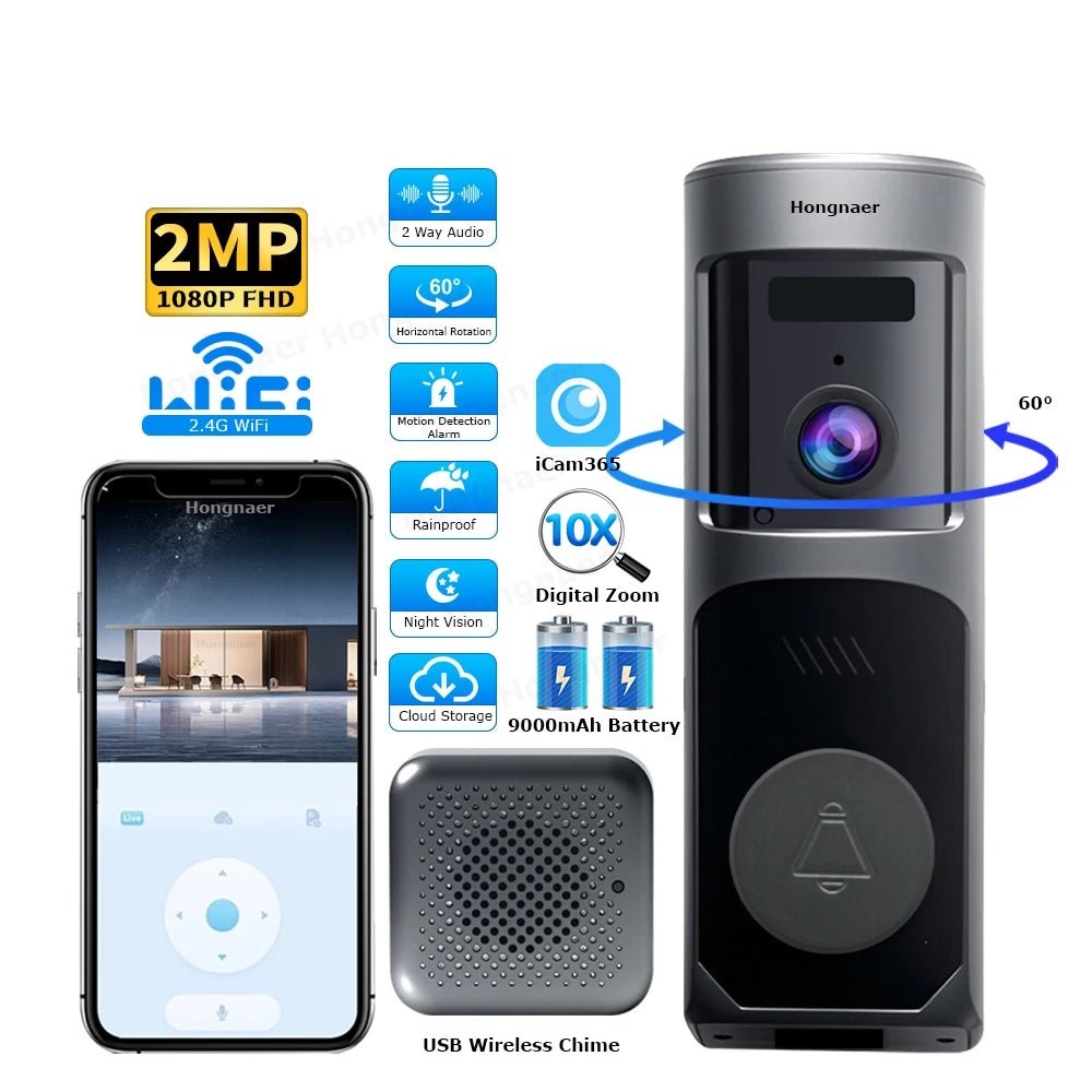 Sonnette vidéo intelligente sans fil Hongnaer 2MP WiFi avec batterie