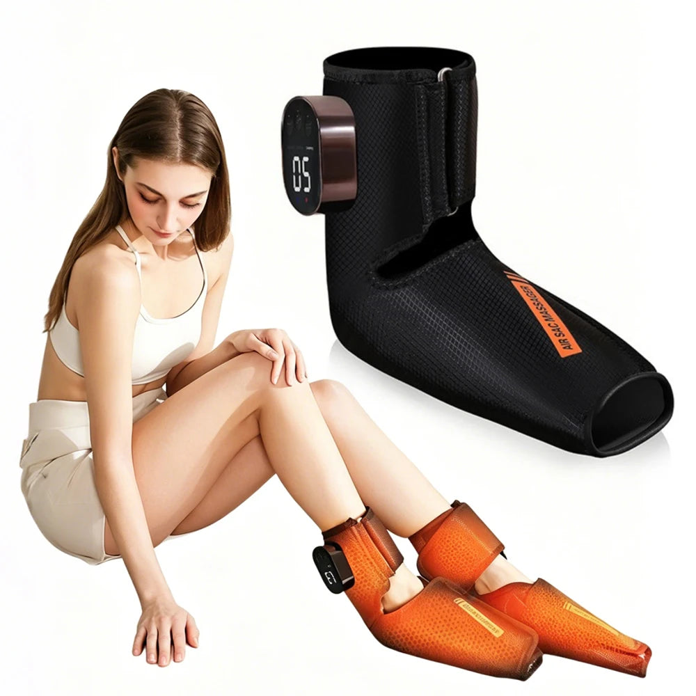 Appareil de massage portable à compression d'air pour chevilles et pieds avec fonction chauffante et minuterie intelligente, sans fil.