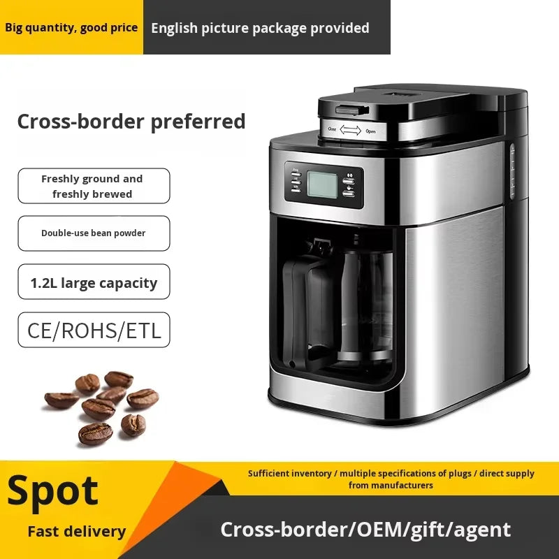 Machine à café automatique en acier inoxydable avec broyeur intégré, style américain, compact, idéal pour la cuisine, le bureau ou l'hôtel.