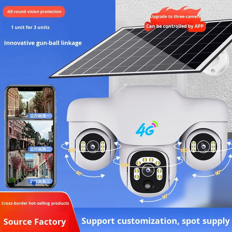 Caméra de sécurité réseau IP 4G HD V380 Pro 6MP avec 3 objectifs, vision nocturne, Wi-Fi, sans fil, alimentation solaire et infrarouge.