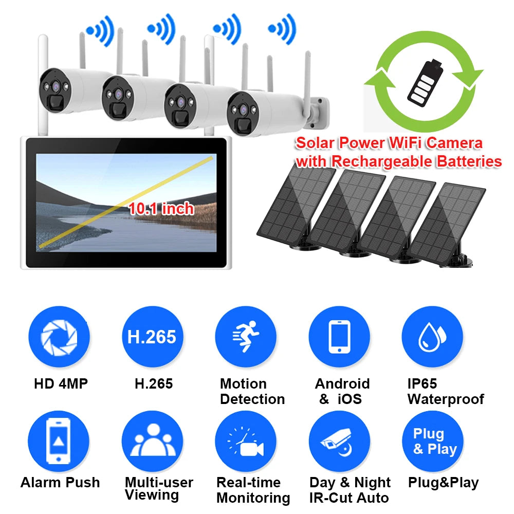 Kit NVR solaire WiFi MR-9508, 8 canaux, 3 MP, IP66, écran 10,1 pouces, H.265, 6 To