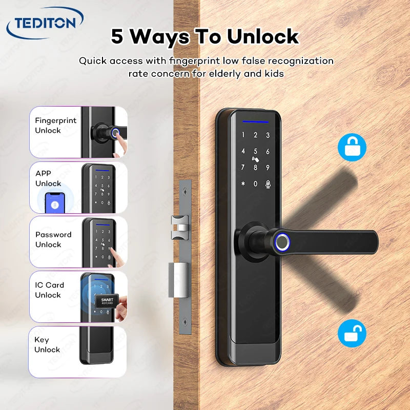 Serrure de porte numérique intelligente Tediton OEM Smart Home Tuya TTlock avec sonnette et application de contrôle Wi-Fi