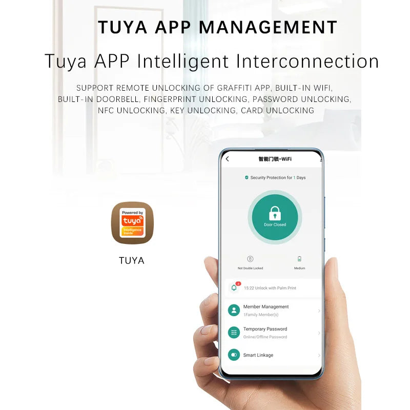 Serrure extérieure étanche intelligente avec TTLock pour portes en bois/alliage d'aluminium, sonnette intégrée et contrôle via application Wi-Fi Tuya