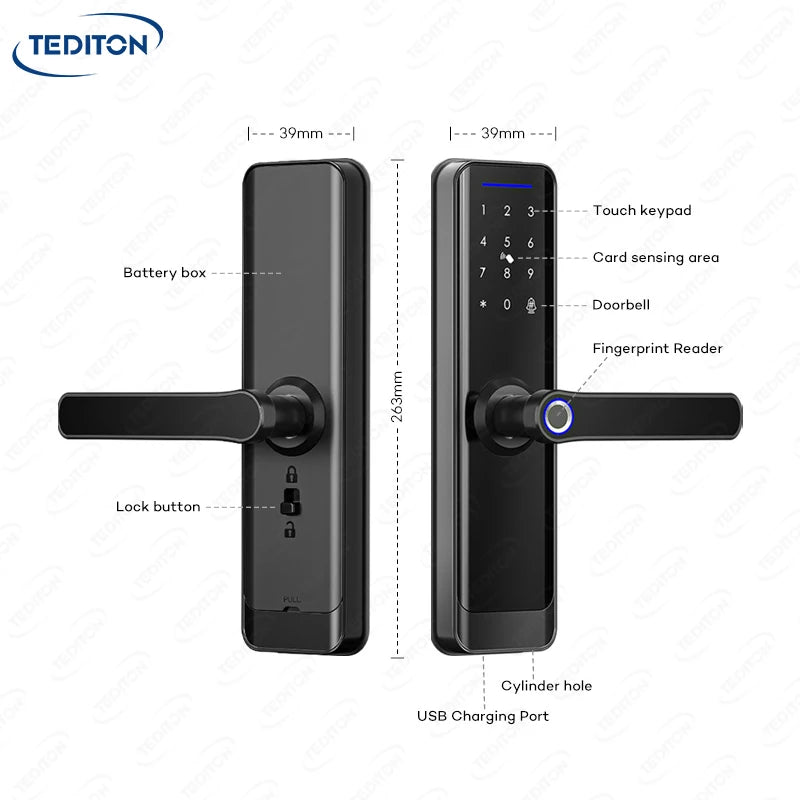 Serrure de porte numérique intelligente Tediton OEM Smart Home Tuya TTlock avec sonnette et application de contrôle Wi-Fi