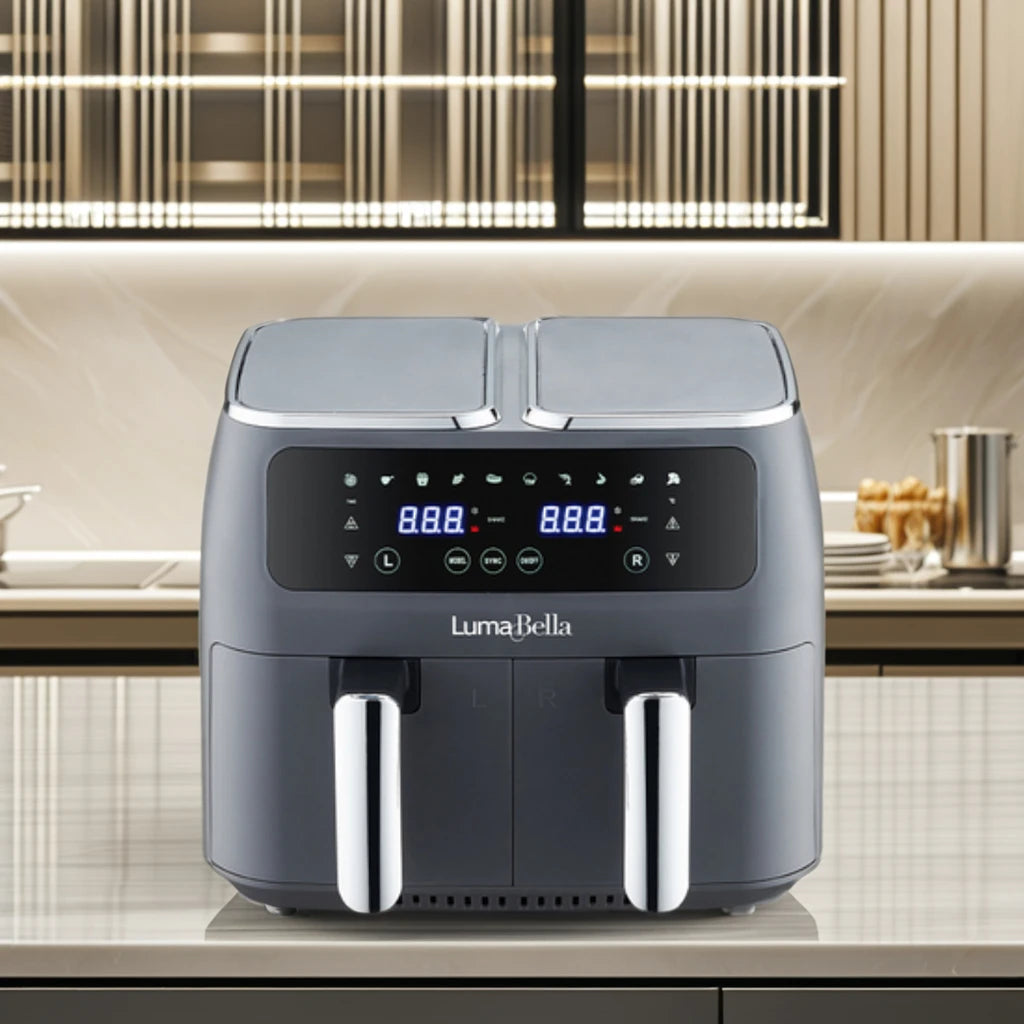 Friteuse à air électrique double Lumabella, en acier inoxydable et aluminium, sans huile, 220 V, carrée, pour usage domestique ou hôtelier