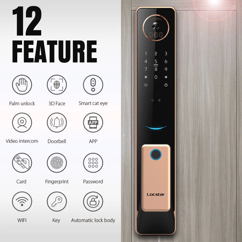 Locstar télécommande intelligente Tuya Wifi Cerradura Inteligente 3D reconnaissance faciale biométrique serrure de porte avec caméra de sonnette