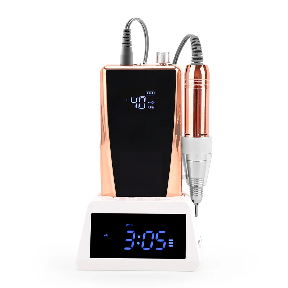 Kit de ponceuse à ongles électrique 45 W à balais de carbone, faible vibration, 40 000 tr/min, avec batterie externe et station de base horloge.