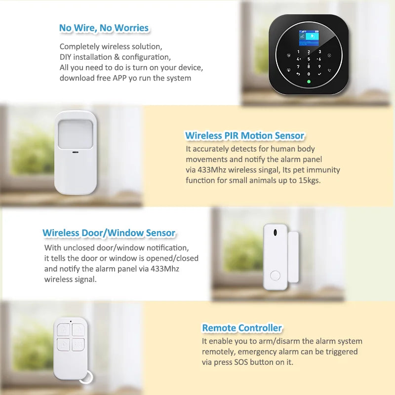 Système de sécurité domestique KERUI G12 Noir, système d'alarme sans fil WiFi GSM, kit d'alarme domestique avec contrôle à distance via l'application Tuya Smart.
