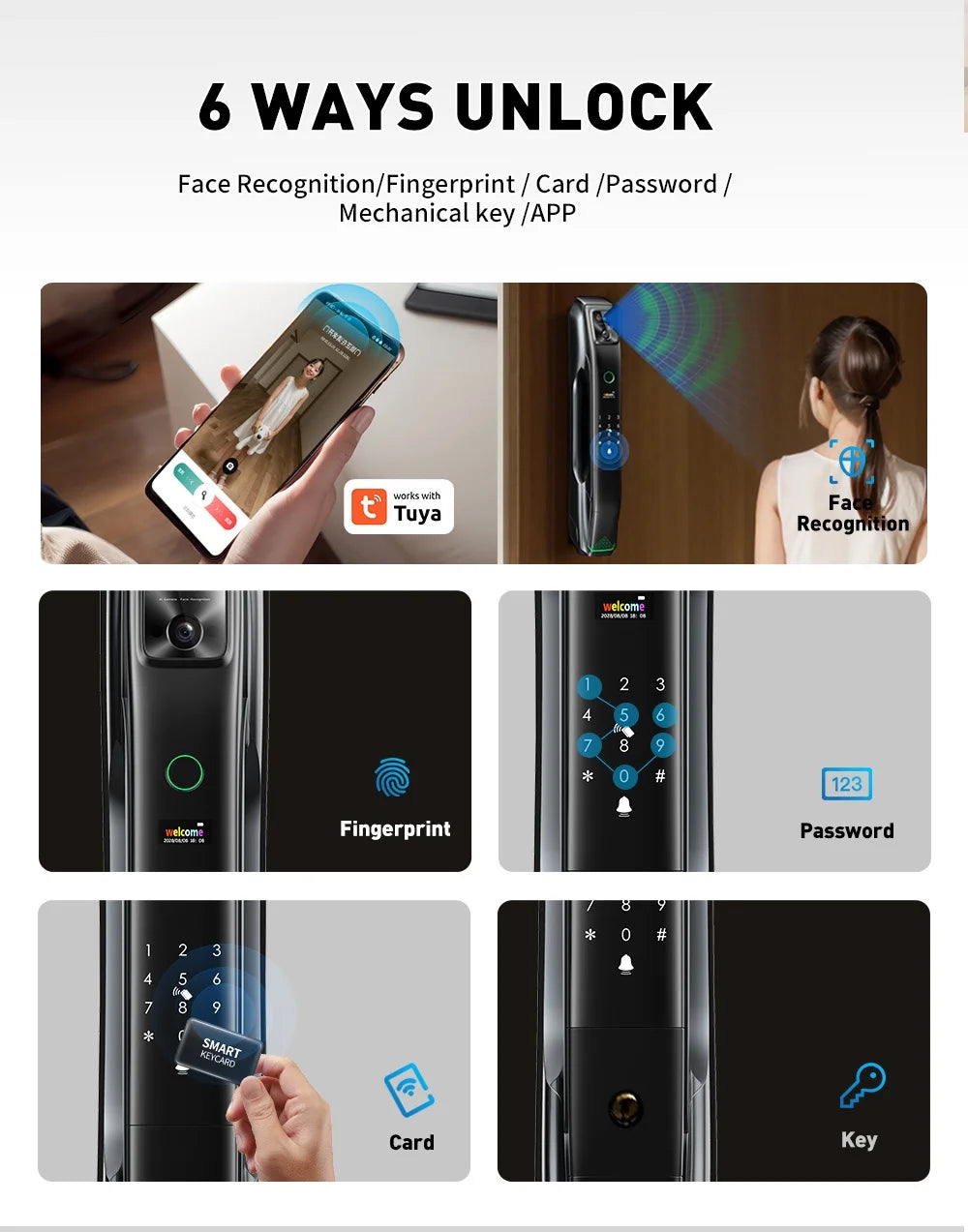 Serrure de porte automatique en bois noir 6085 avec caméra de reconnaissance faciale 3D, interphone vidéo 9 langues et connexion Wi-Fi Tuya 6068.